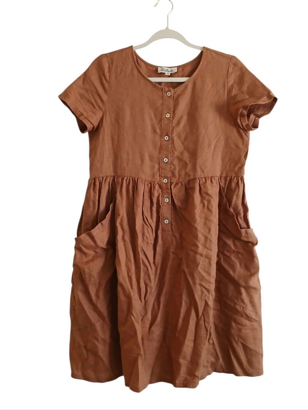 Listicle 100% Linen Lagenlook Babydoll Dress M Burnt Orange Slouchy Pockets